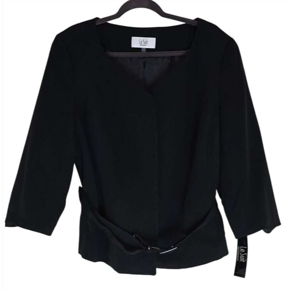 Le Suit Womens Black Jacket With Belt 3/4 Sleeves Size 16W Polyester Blend New W